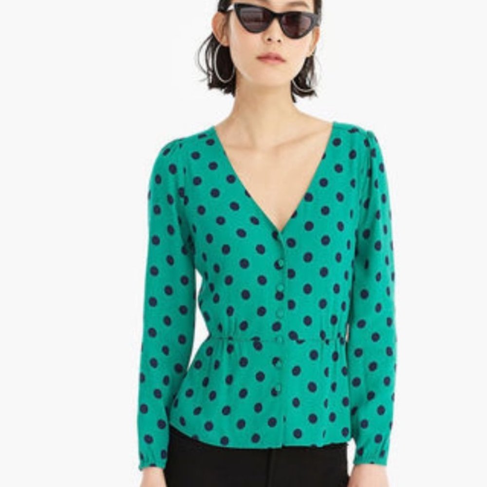 J. Crew Green & Blue Polka Dot Long Sleeves Blouse